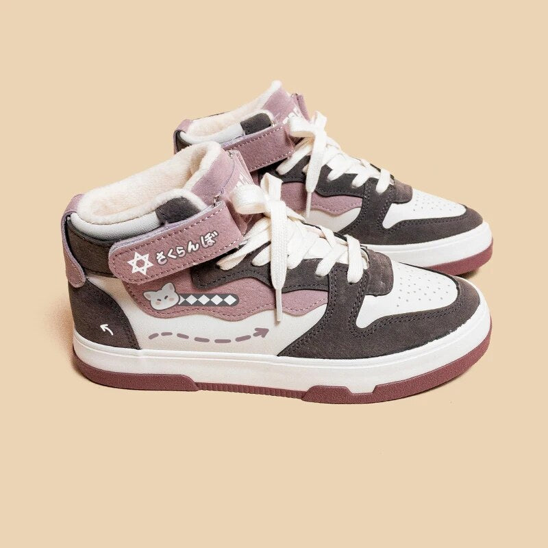 Amy and Michael Kawaii High Top Sneakers for Girls Students Casual Tennis Shoes Female Women Warm Plush Cotton Padded Shoes