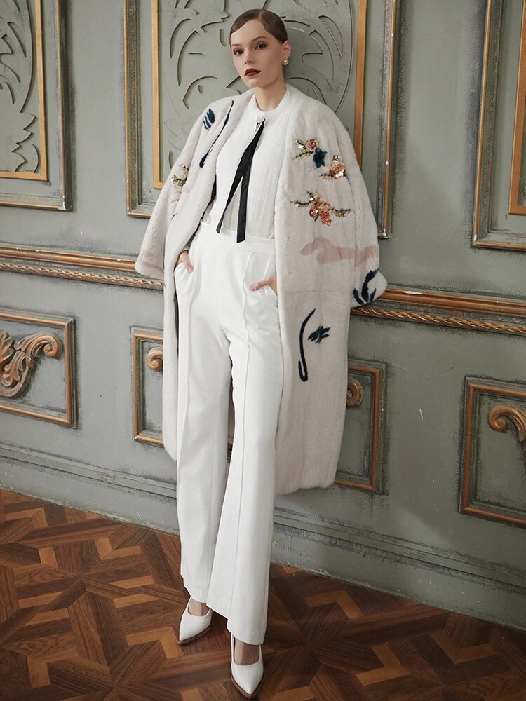 Women's Fur Coat 2223 Trend Natural Fur Long Mink White Floral Outerwear Jackets Trench Coats New In Outdoor Clothes Clothing