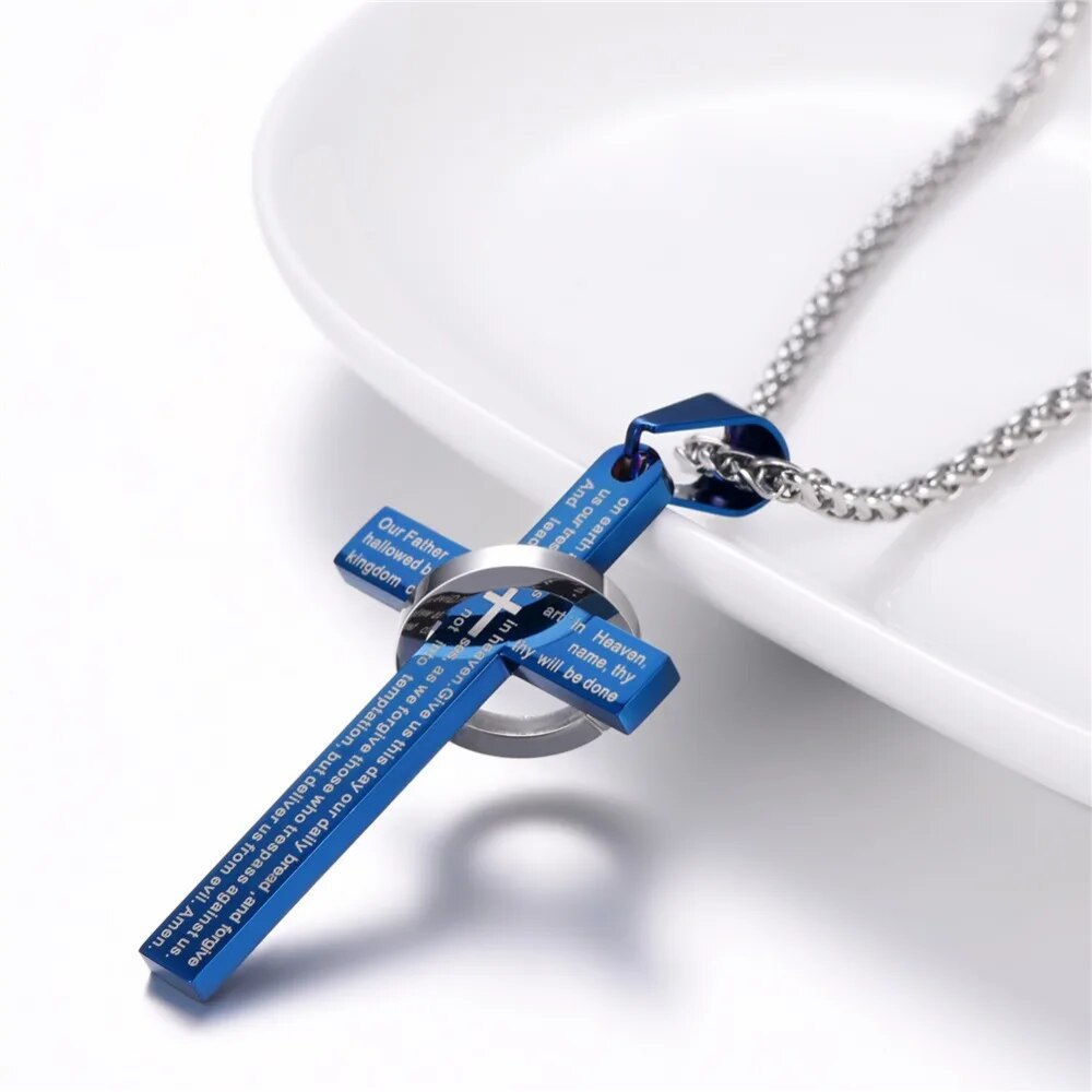 U7 Stainless Steel Christian Bible Engraved Cross Necklace Blue Black 18k Gold Color Round Ring Cross Unisex Religious Jewelry