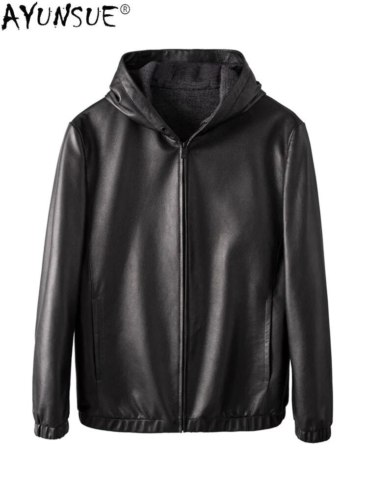 Men Clothing 5XL Real Cow Leather Jacket Autumn Men's Clothes Hooded Coat Male Zipper Mens Jackets Hommes Veste LXR448