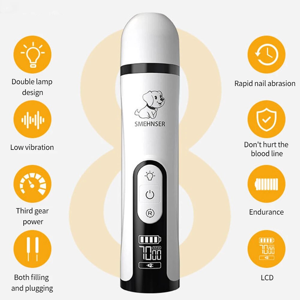 Battery Operated LED Light Pet Nail Grinder Portable Paw Trimming Grooming Tool 3 Speeds Rechargeable Dog Cat ABS LCD Display