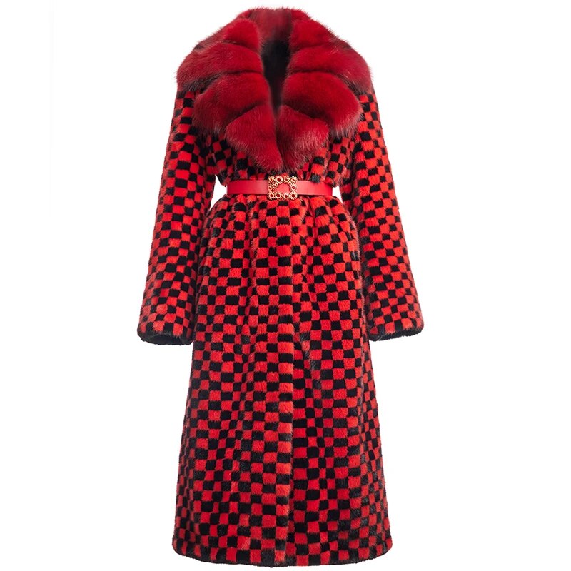 Women's Fur Coat 2223 Trend Natural Fur Long Mink Red Grid Fashion Outerwear Jackets Trench Coats New Outdoor Clothes Clothing