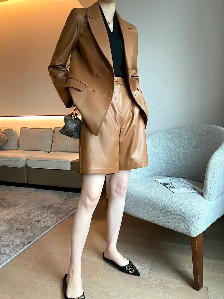 Luxury Women Double Breasted Belt Blazer Coat Straight Shorts Two Piece Set OL Suit Real Sheepskin Genuine Leather Matching Sets