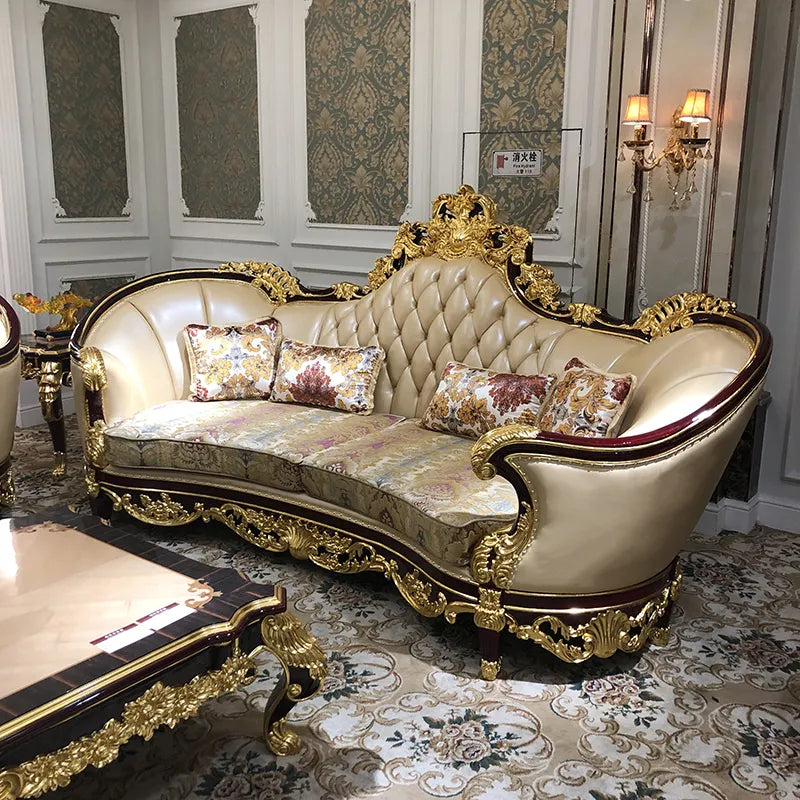 European style leather sofa 123 combination high-end luxury large family living room first floor leather solid wood decoration