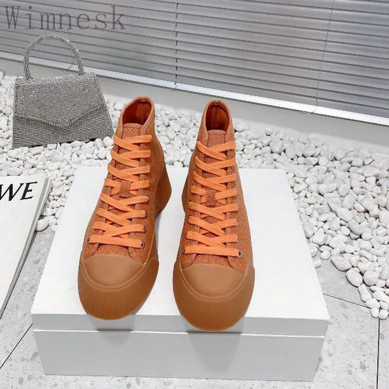 Spring Autumn New Round Toe Canvas Sneakers Boots Women Thick Sole Lace Up Patchwork Casual All Match Fashion Comfortable Shoes