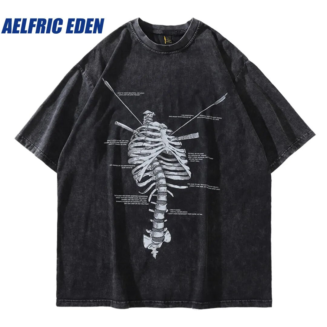 Aelfric Eden Distressed Oversize Tshirt Streetwear Hip Hop Vintage Skeleton Skull Print Punk T-Shirt Harajuku Casual Tee Shirts