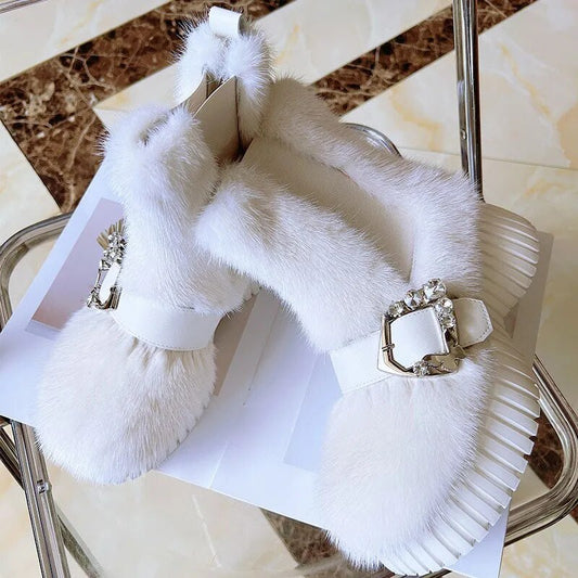 Stylish British Style Platform Ankle Boots Luxury Mink Fur Trend Snow Boots Exquisite Diamond Buckle Solid Color Fur Sneakers