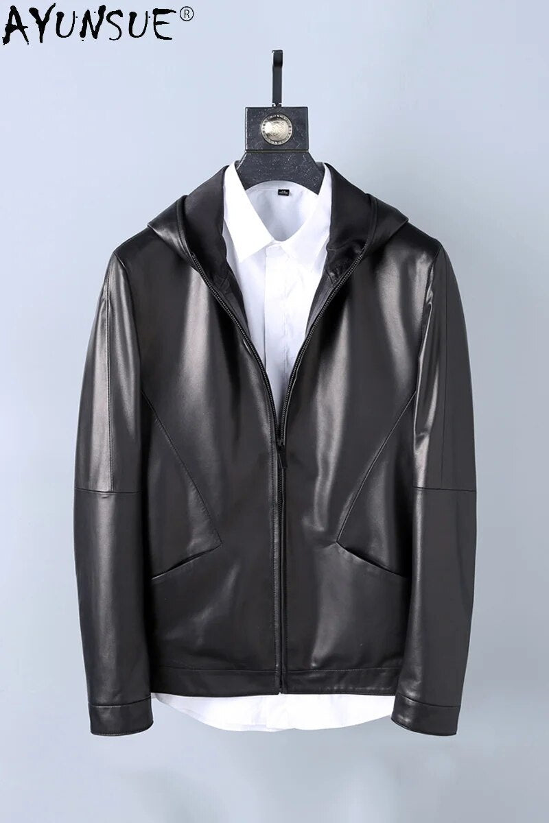 2024 New Men Clothing Sheepskin Genuine Leather Jacket Men's Clothes Hooded Jackets Autumn Male Coat Ropa Hombre LXR475