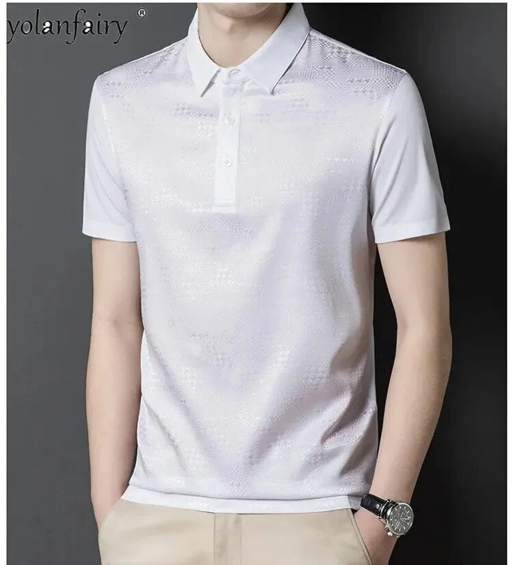 Summer 95% Mulberry Silk T Shirts for Men Tees Short Sleeved Polo Male Business Casual High-quality FCY3904