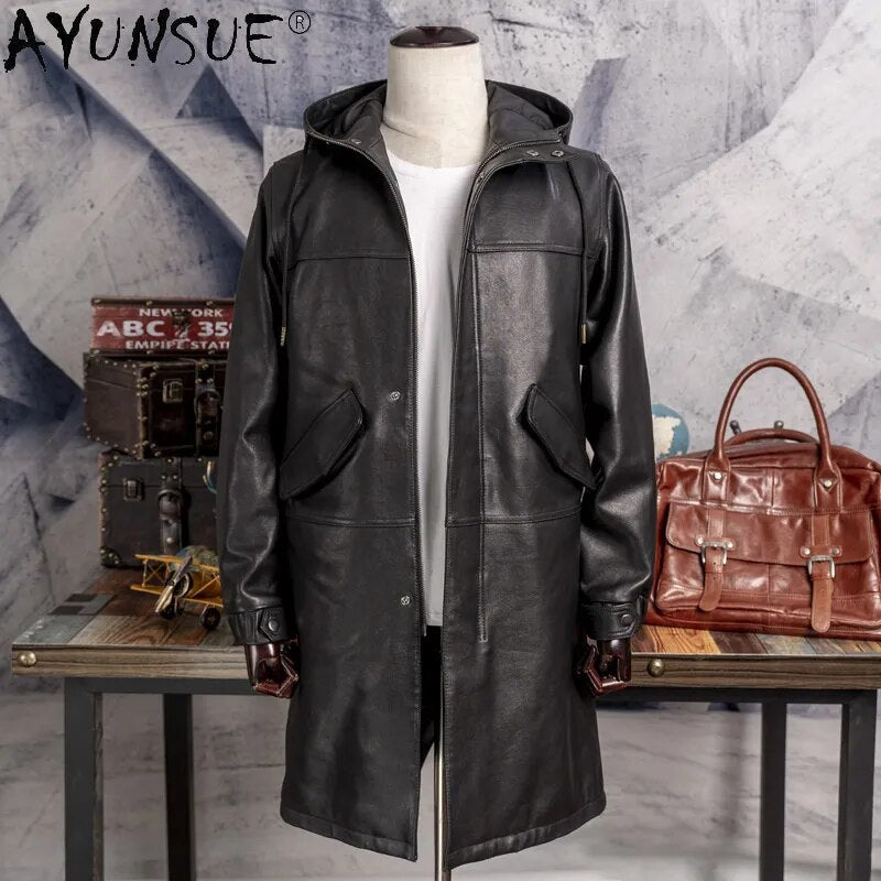 Genuine Sheepskin Leather Jacket Men Clothing Korean Hooded Men's Windbreaker Medium Long Clothes Hommes Veste LXR891