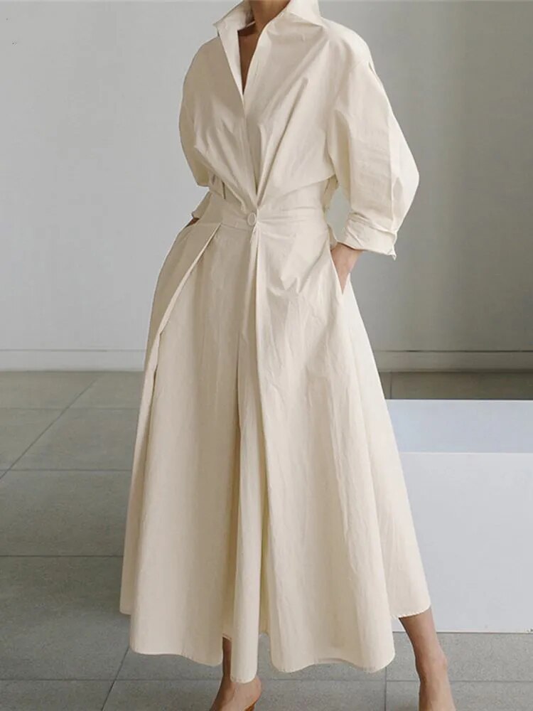 5XL Elegant Women Spring Autumn Sundress Fashion Lapel Neck Long Sleeve Solid  Long Shirt Dress OL Vestidos Robe Femme - KAISERINC