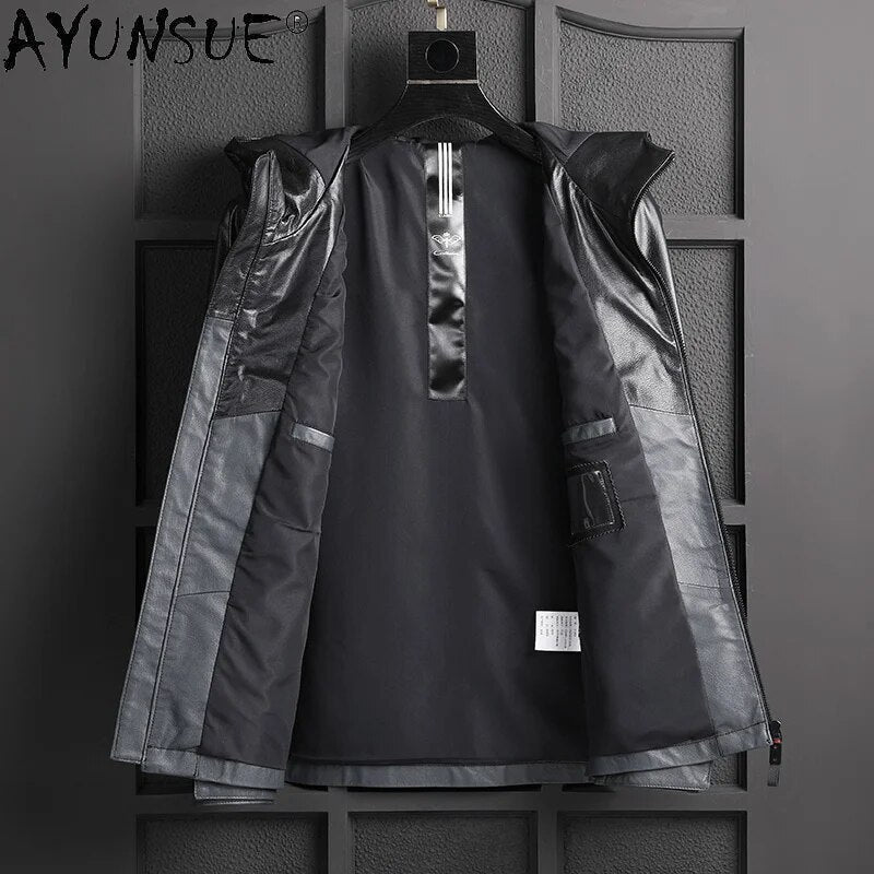 Men's Hooded Genuine Cowhide Leather Jacket Men Clothing Man Parka Winter Coat Male Autumn Clothes Ropa Hombre LXR1021