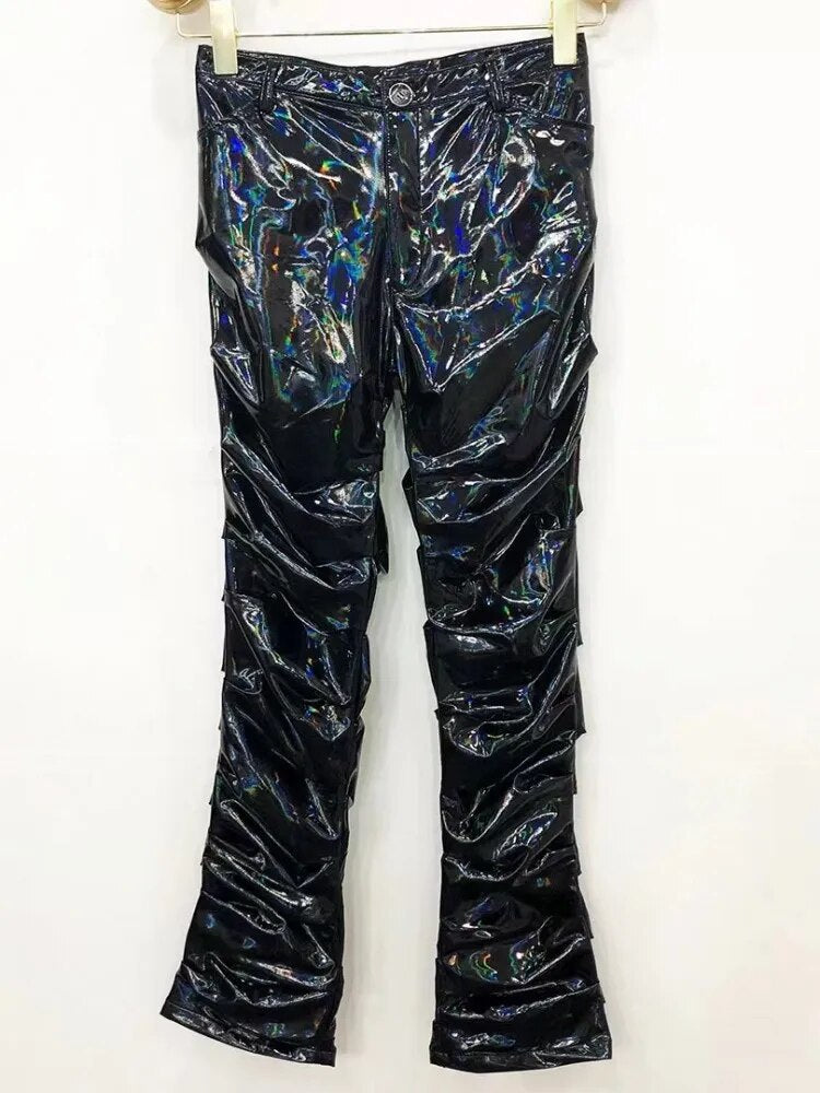 Sexy Mirror Smooth Pleated Flared Pants Men Faux Patent Leather Trousers Plus Size 6XL PU Night Clubwear Stretchy