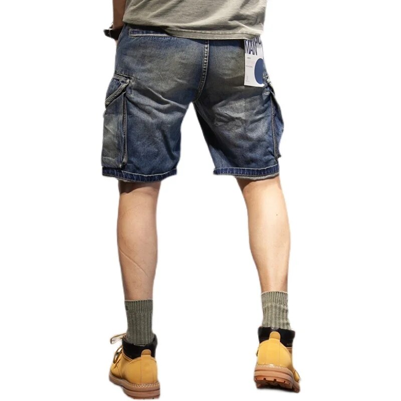 Men's Denim Shorts Retro Loose Side Pockets Leather Buckle Cargo Summer Jeans Male