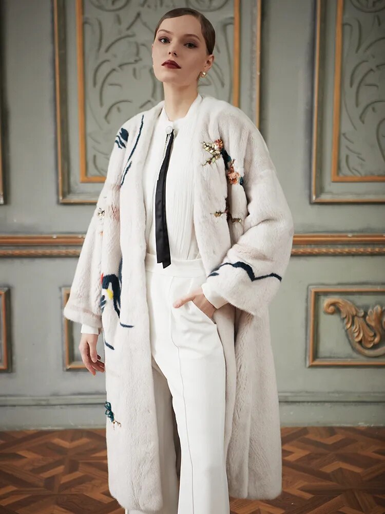 Women's Fur Coat 2223 Trend Natural Fur Long Mink White Floral Outerwear Jackets Trench Coats New In Outdoor Clothes Clothing