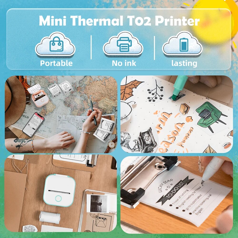 Portable Thermal Printer Phomemo T02 Printing Photo Pocket Thermal Label Printer 53mm Printing Wireless for Android IOS Printers