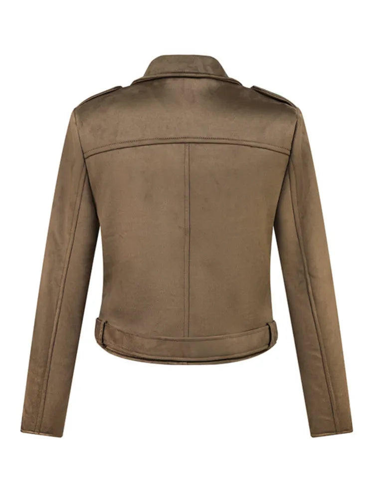 2023 Women Autumn Winter Thick Fake Suede Faux Leather Jackets Sashes Lady Matte Motorcycle Coats Biker Zipper Pocket Streetwear - KAISERINC