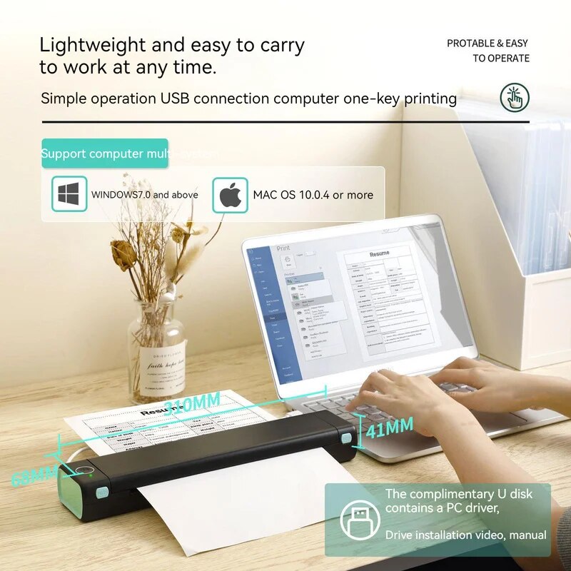 NEW M08F A4 Portable Thermal Printer,Supports 8.26"x11.69" A4 Thermal Paper,Wireless Mobile Travel Printers for Car & Office
