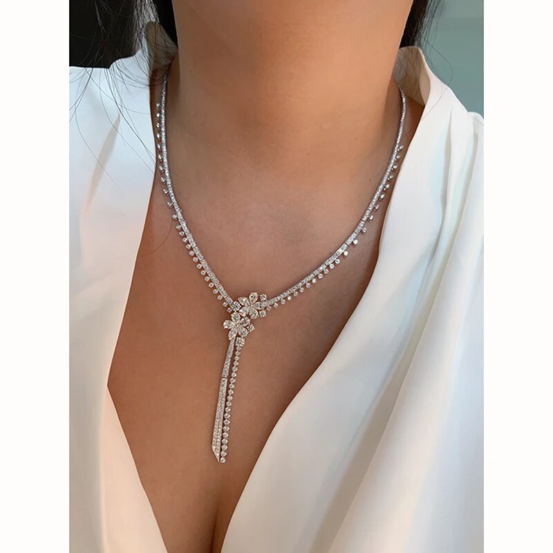 Aazuo Fine jewelry 18K  White Gold Natrual Diamond 6.7ct Luxury Flower Tennis Necklace Gift For Women Wedding Engagement Party