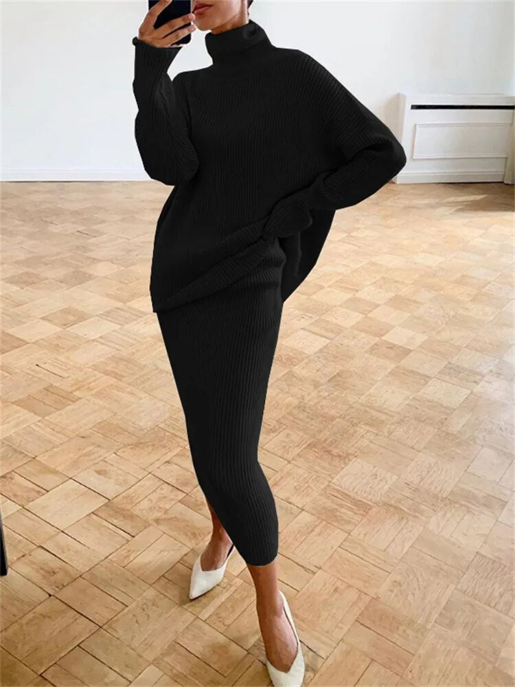 TARUXY Ribbed Knit 2 Piece Dress Set Outfits Ladies  Knitwear Top And Midi Skirt Sets For Women Casual Winter Sweater Sets 2023 - KAISERINC