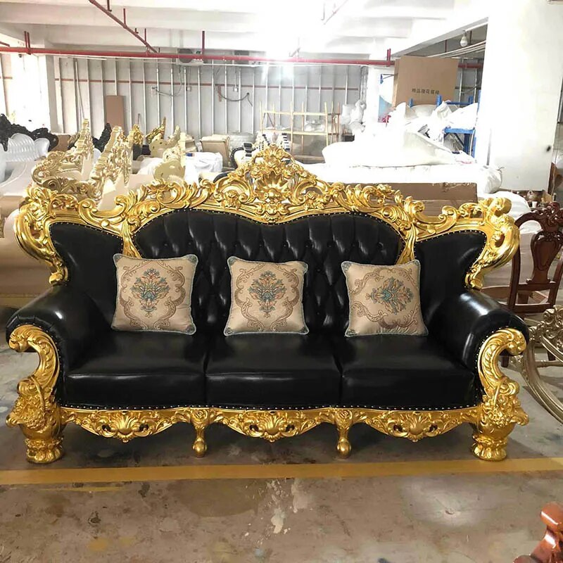 European Style Full Gilded Frame Leather Carved Luxury Villa Living Room Sofa American Style Villa Solid Wood Carved Living Room