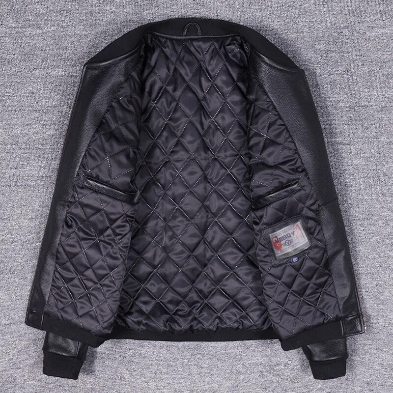 Cowhide Genuine Leather Jacket Men Bomber Jacket Coat New Autumn Casual Motorcycle Trend Stand Collar Baseball Uniform Coat Men