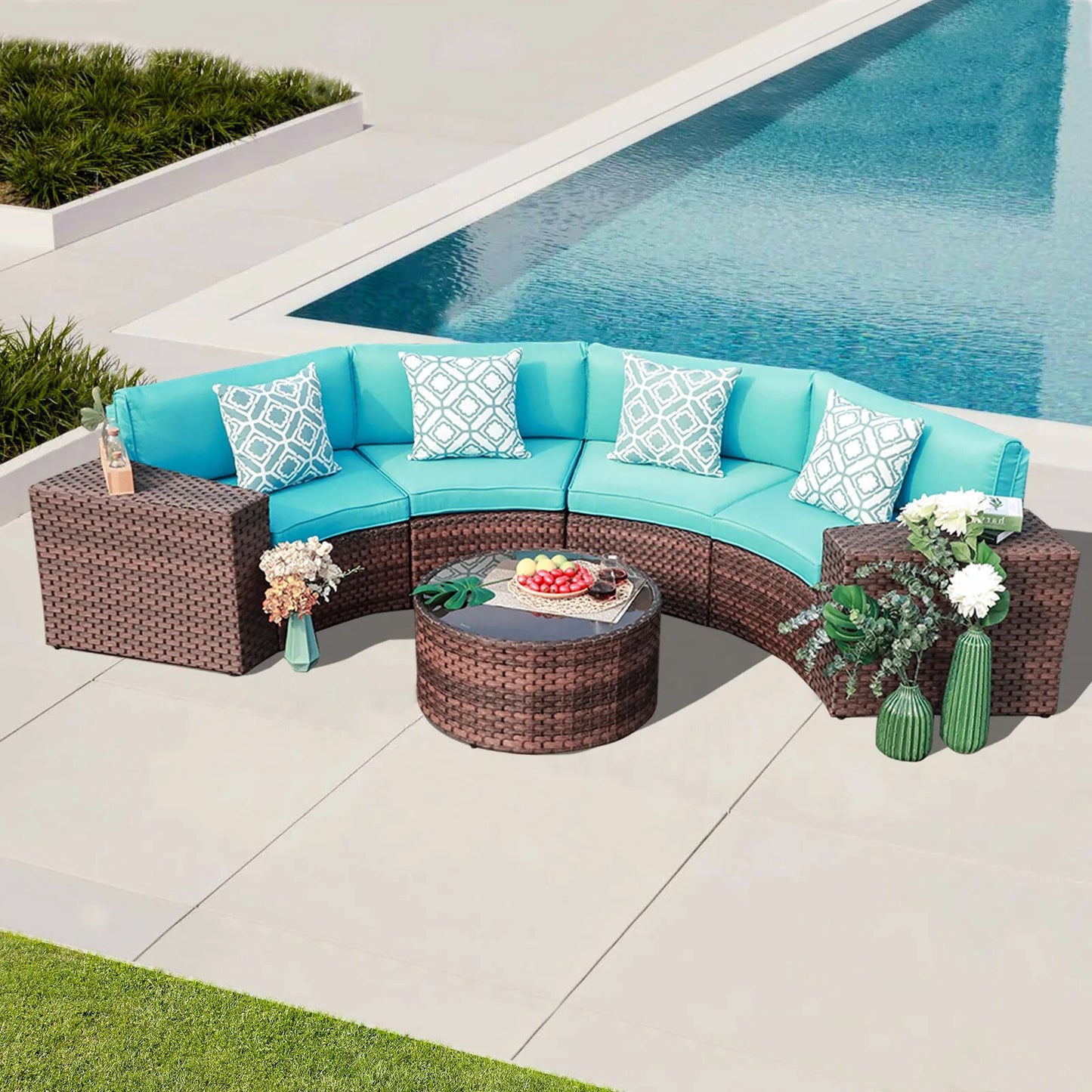 JARDINA 7PCS Outdoor Patio Furniture Half-Moon Brown Rattan Sofa Set with Coffee Table Cushions Pillows
