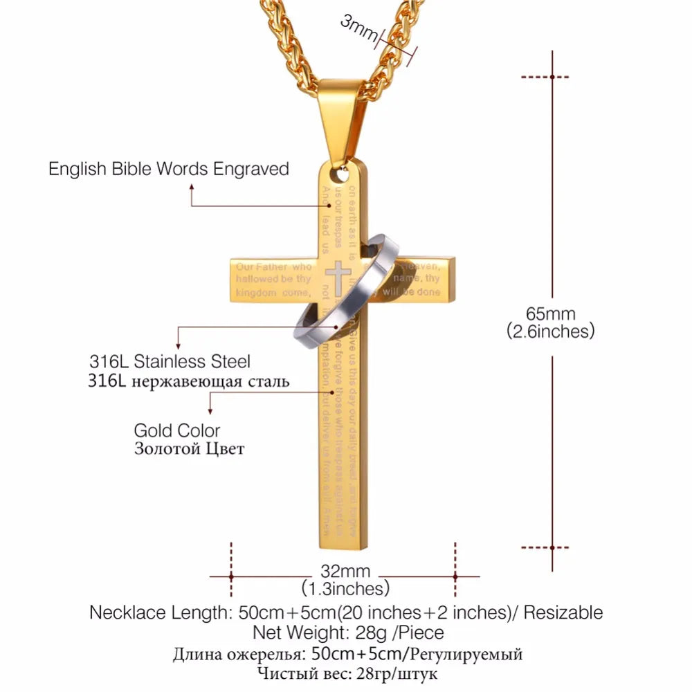 U7 Stainless Steel Christian Bible Engraved Cross Necklace Blue Black 18k Gold Color Round Ring Cross Unisex Religious Jewelry