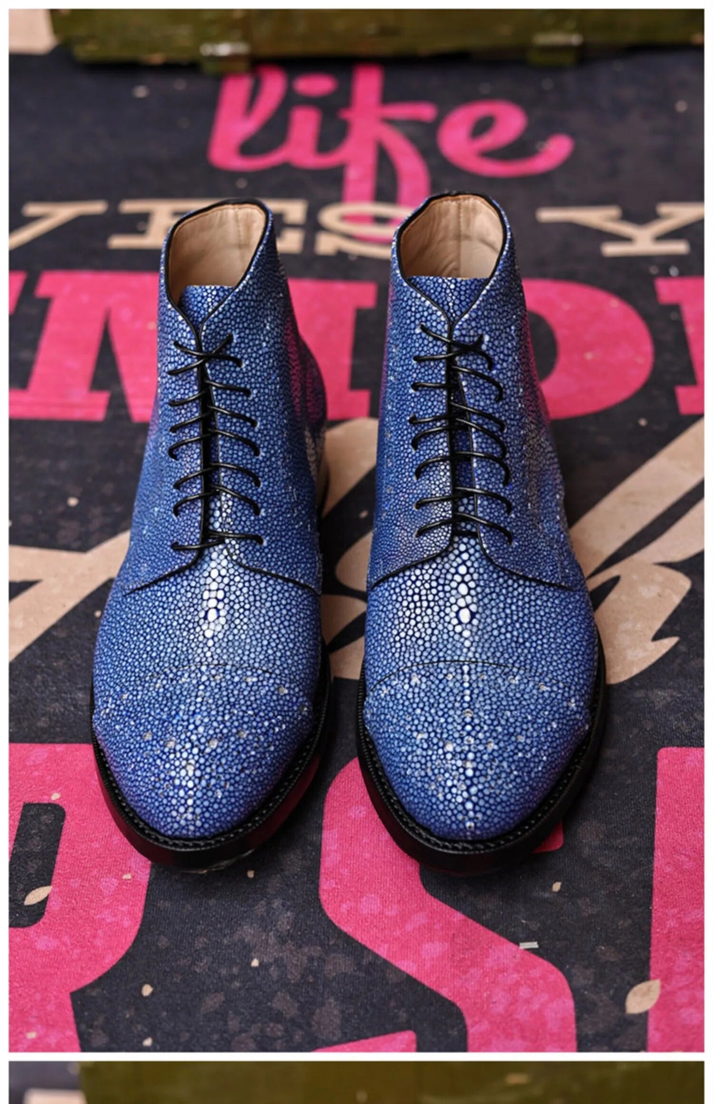 Sipriks Handmade Goodyear Welted Shoes Imported Stingray Skin Martin Boots Men's Lace Up Ankle Boot Cap Toe Brogue Shoes Luxury