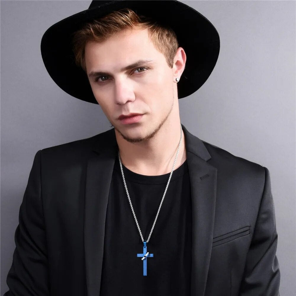U7 Stainless Steel Christian Bible Engraved Cross Necklace Blue Black 18k Gold Color Round Ring Cross Unisex Religious Jewelry