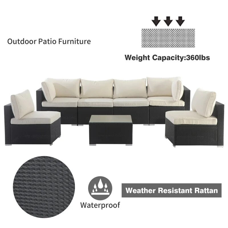 7 Pieces Patio Furniture Sets, Outdoor All Weather PE Rattan Wicker Lawn Conversation Sets,Garden Sofa Set with Coffee Table