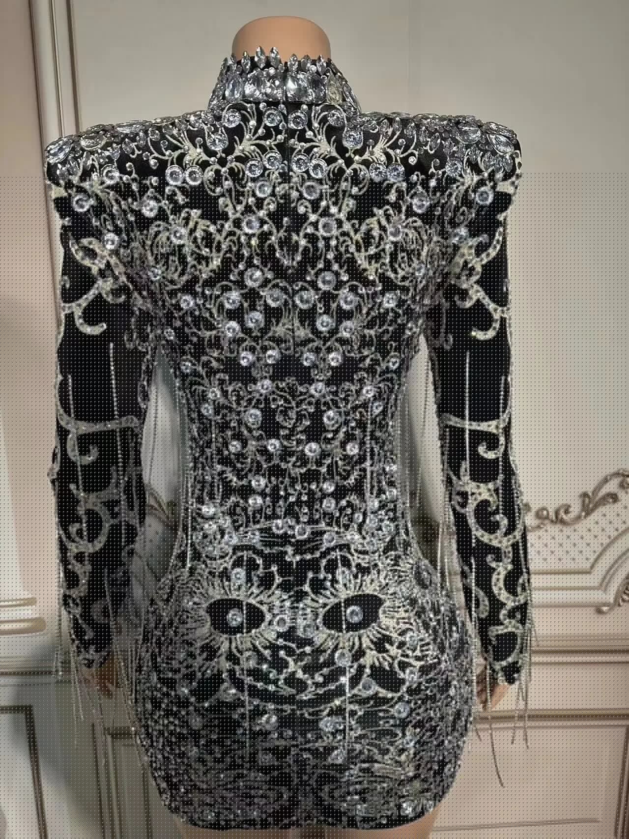 Club Sexy Stage Evening Birthday Celebrate Velvet Rhinestone Big Sleeves Skirt Costume Women Dancer Prom Stones Host Outfit