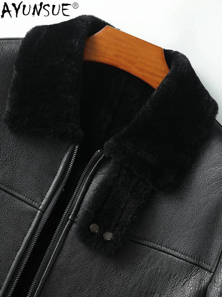 Genuine Sheepskin Leather Jacket Men 100% Wool Men's Clothing Motorcycle Fur Coat Thick Clothes Chaqueta Hombre LXR796