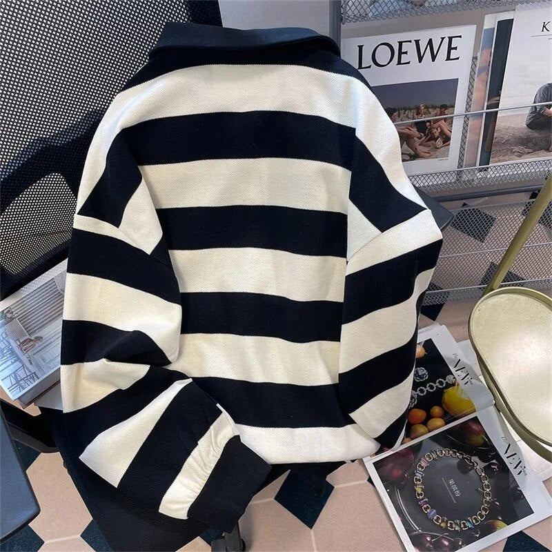 Men's Retro Black White Striped Polo Shirt Sweater Women's Autumn Loose Long-sleeved Turndown Collar Buttons Letter Tops Tees