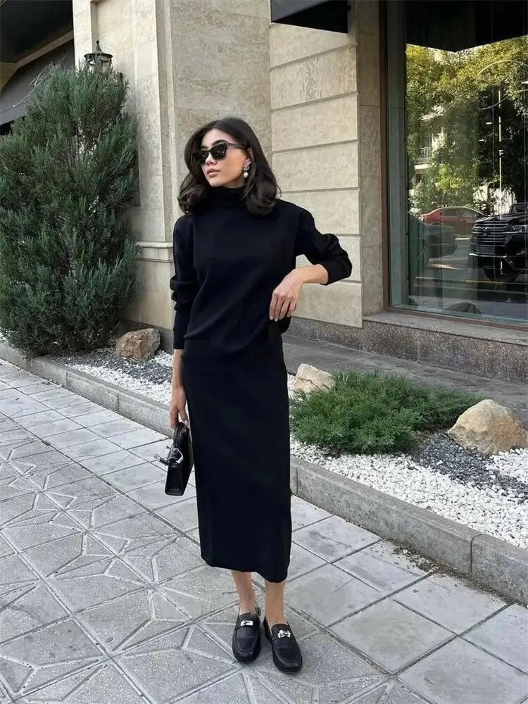 TARUXY Ribbed Knit 2 Piece Dress Set Outfits Ladies  Knitwear Top And Midi Skirt Sets For Women Casual Winter Sweater Sets 2023 - KAISERINC