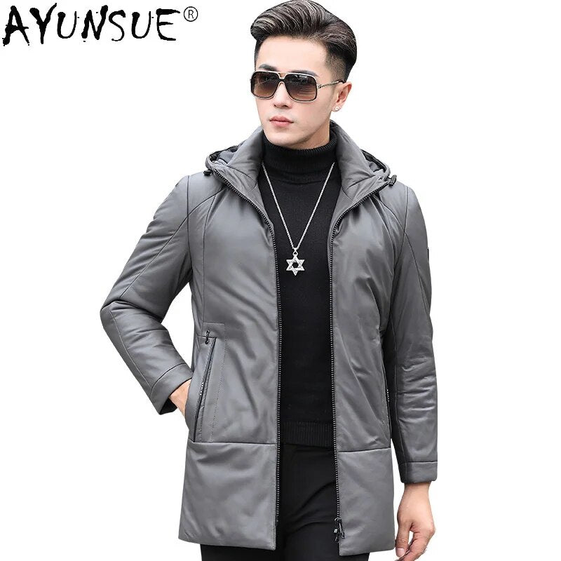 Genuine Leather Down Jacket Men's Clothing Hooded Clothes Sheepskin Warm Coat Male 2024 Winter Parkas Ropa Hombre LXR539