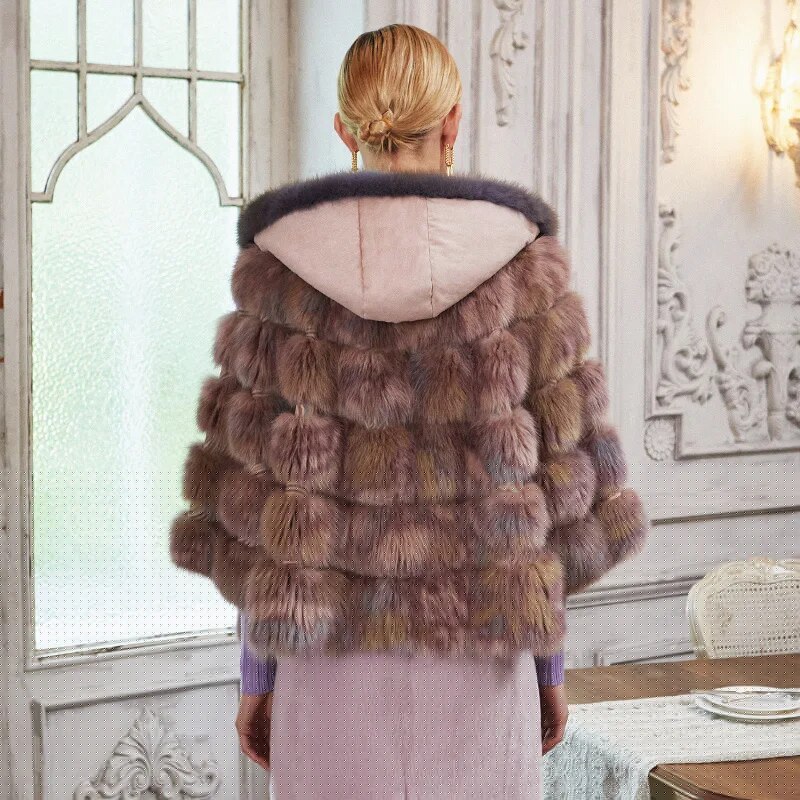 Women's Fur Coat 2223 Trend Natural Fur Long Mink Purple Floral Hooded Outerwear Jackets Trench Coats Outdoor Clothes Clothing