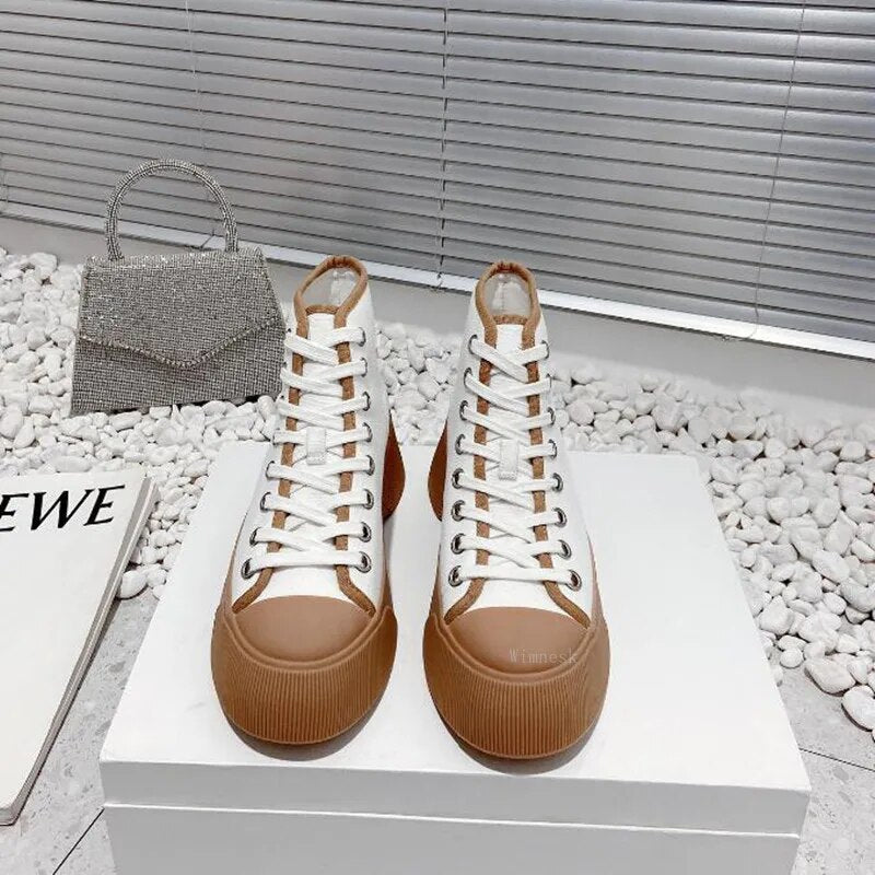 Spring Autumn New Round Toe Canvas Sneakers Boots Women Thick Sole Lace Up Patchwork Casual All Match Fashion Comfortable Shoes