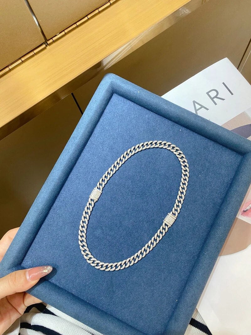 LUOWEND 18K White Gold Necklace 7.15carat  Luxury Real Natural Diamonds 46.65gram Cuban Chain Design Shiny Necklace for Women