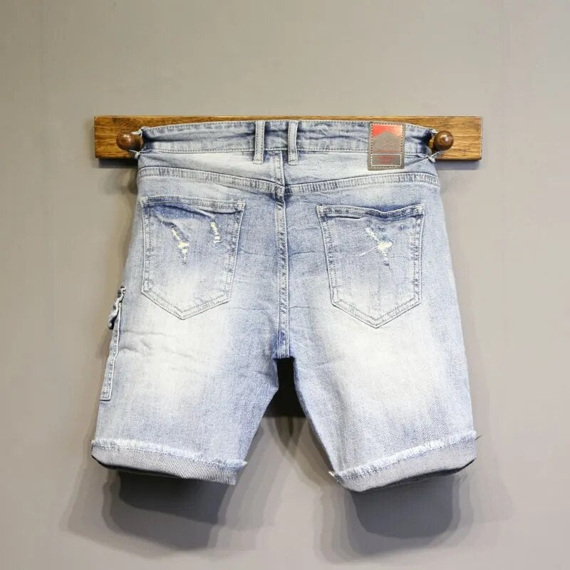 Summer Light BlueWashed Vintage Cargo Shorts Men Slim Fit Knee Length Straight Jeans High Street Casual Ripped Denim Male