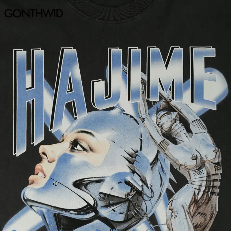 Hip Hop Streetwear T-Shirt Harajuku Robot Print Short Sleeve Tshirt 2023  Men Hip Hop Summer Casual Cotton Loose Tee Shirts Tops