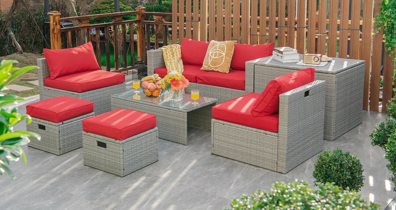 Patiojoy 8PCS Patio Rattan Furniture Set Storage Waterproof Cover Red Cushion