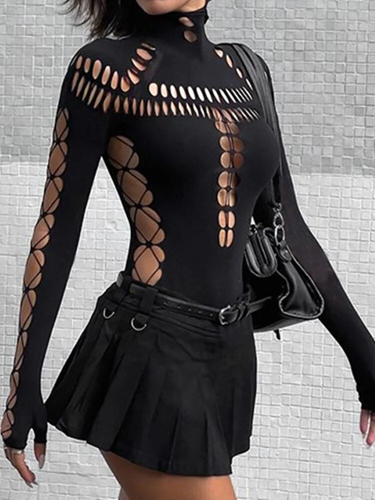 Goth Dark Cyber Y2k Punk Sexy Hollow Out Bodysuits Gothic Techwear Black Turtleneck Bodycon T-shirts Moto Long Sleeve Streetwear