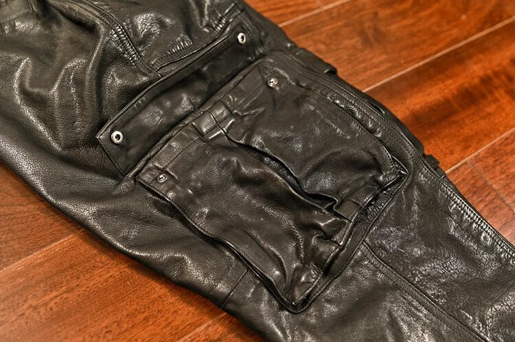 New Real Leather Pants Men Vintage Vegetable-tanned Top Layer Cowhide Trousers Loose Cargo Cuffed Cropped FC