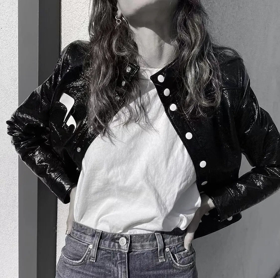 Fashion Classic Trendy Luxury Designer Cloth Women Embroidered Logo Stand Collar Black PU Short Jacket Coat 132602 - KAISERINC