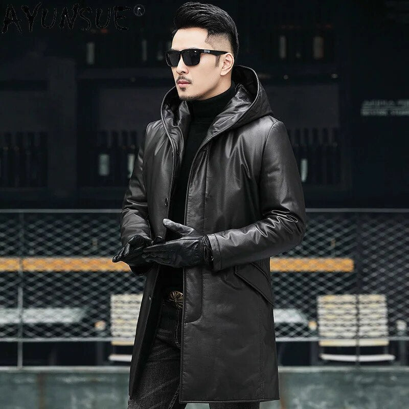Men's Down Jacket Winter Coat Men Clothing Real Cow Leather Jackets Thick Clothes Hooded Windbreaker Ropa Hombre LXR543