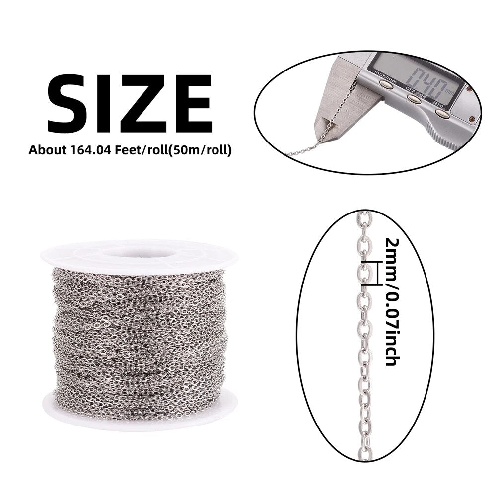 50m/roll 304 Stainless Steel Cross Chains Rolo Chain Curb Chain for Jewelry Making DIY Bracelet Necklace Handmade Craft Supplies