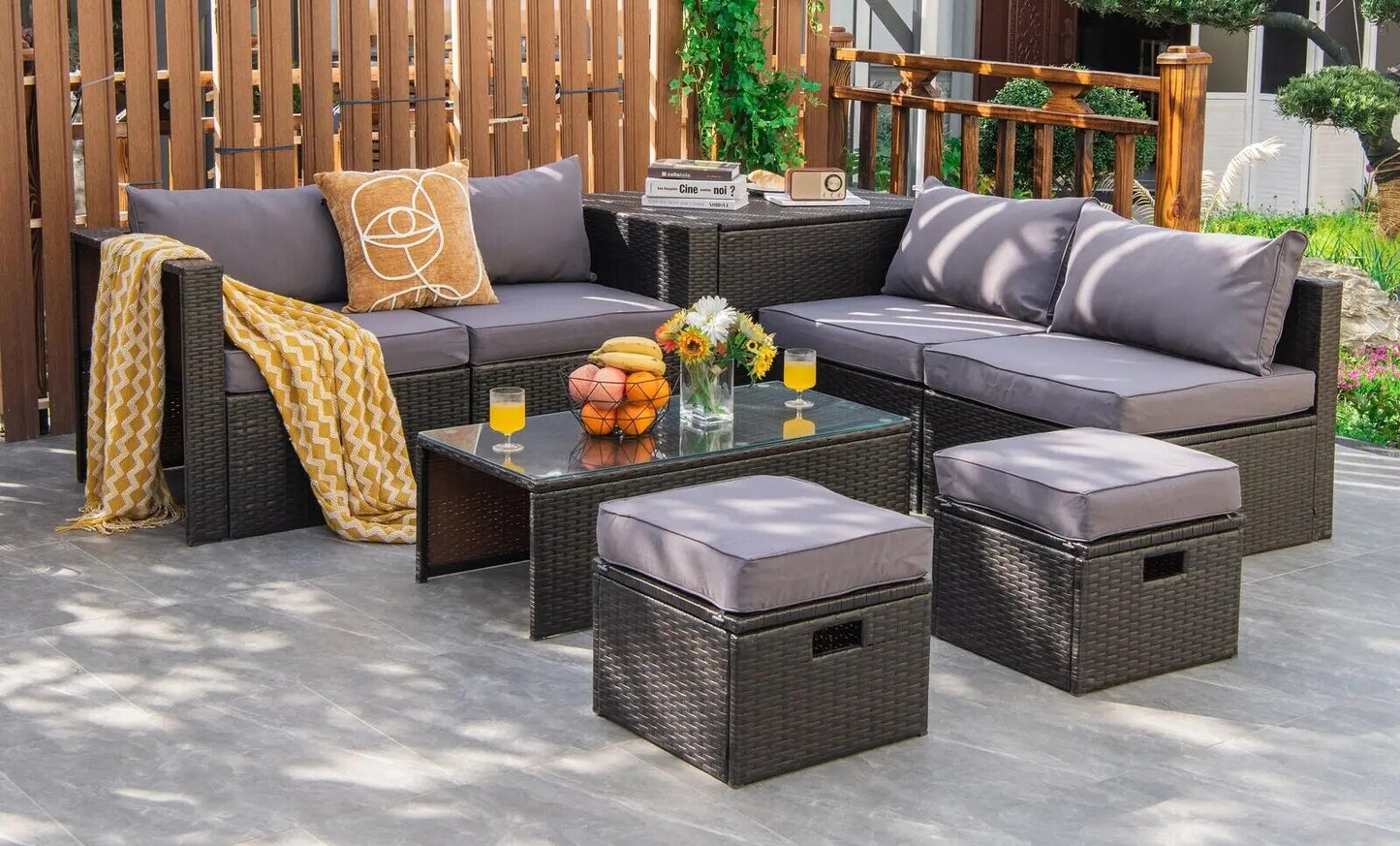 Patiojoy 8PCS Patio Rattan Furniture Set Space-Saving Storage Cushion Grey