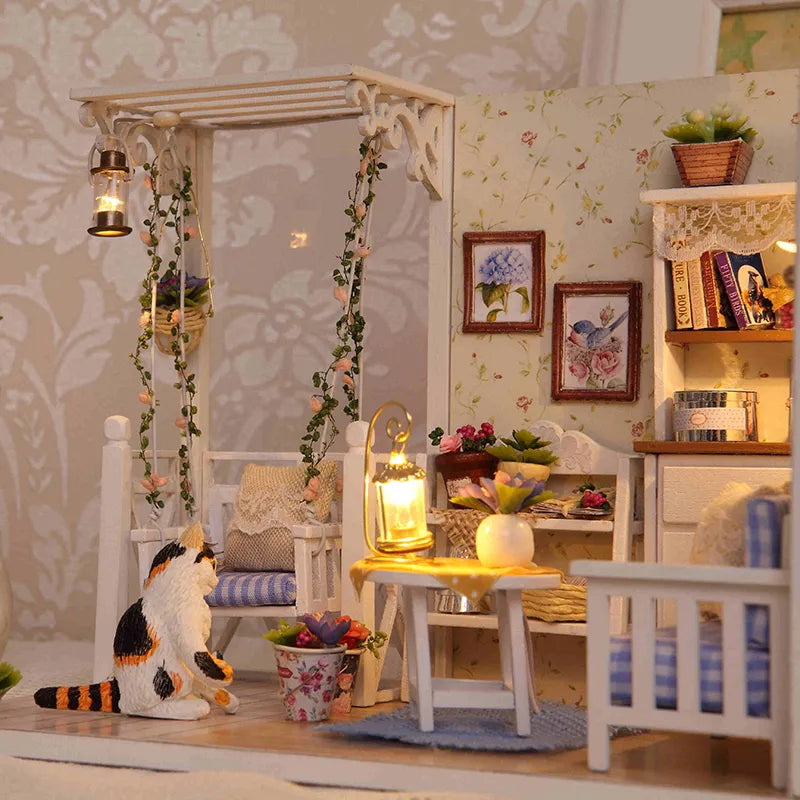 Doll House Furniture Diy Miniature 3D Wooden Miniaturas Dollhouse Toys for Children Birthday Gifts Casa Kitten Diary H013