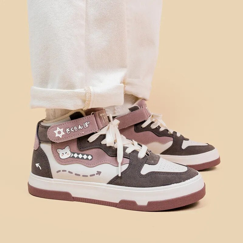 Amy and Michael Kawaii High Top Sneakers for Girls Students Casual Tennis Shoes Female Women Warm Plush Cotton Padded Shoes